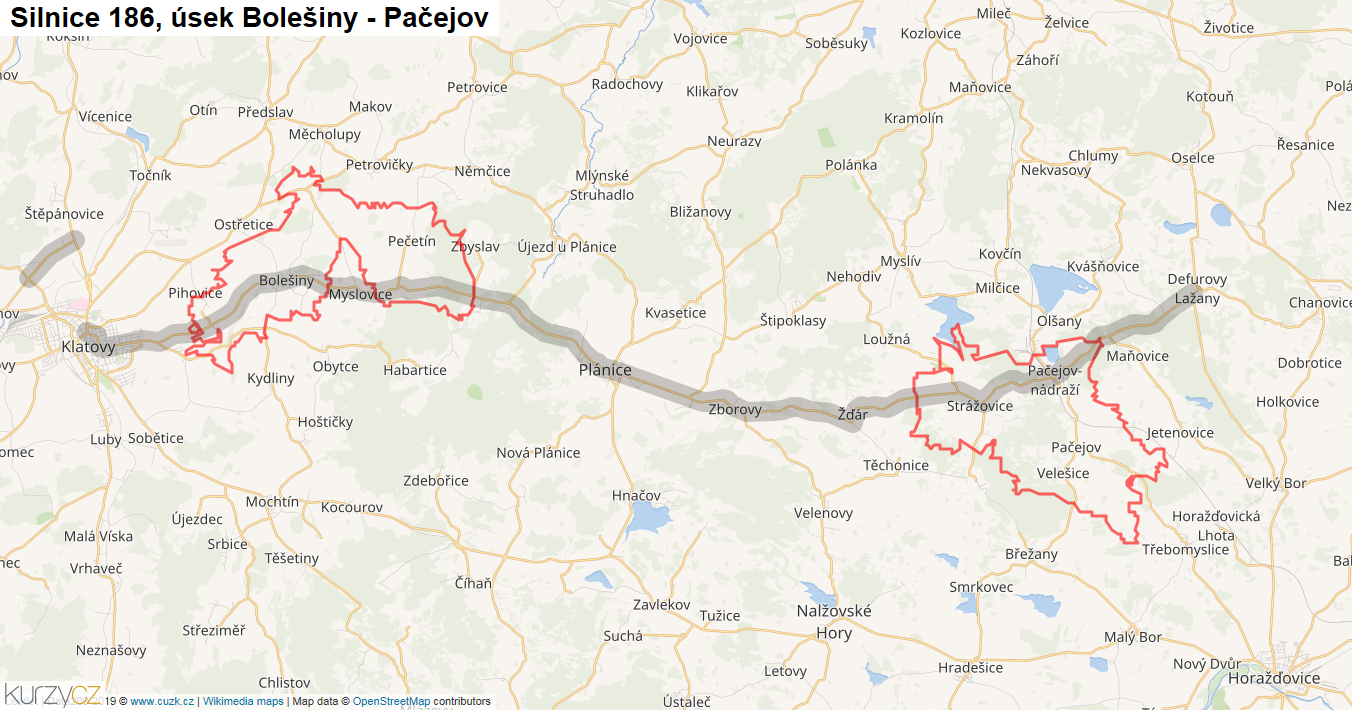 Úsek Bolešiny - Pačejov, Silnice 186 - Mapa
