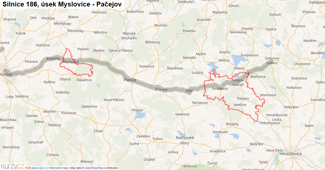 Úsek Myslovice - Pačejov, Silnice 186 - Mapa