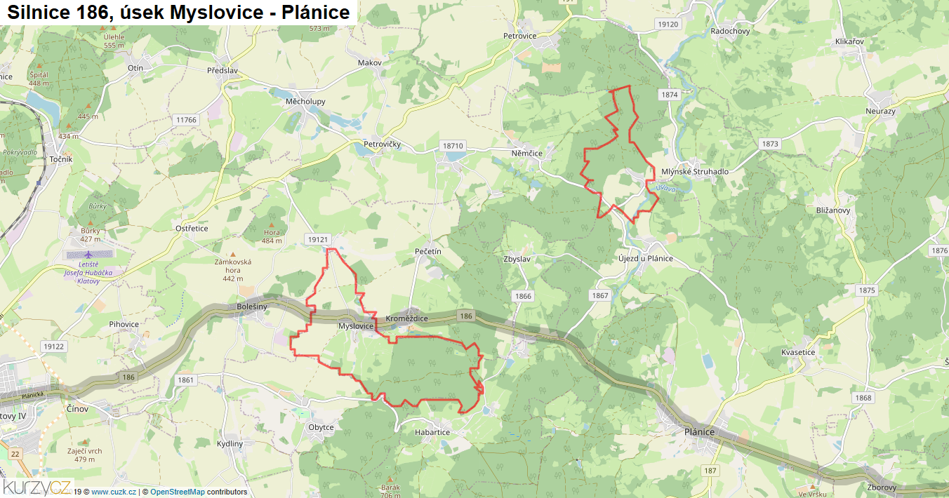 Úsek Myslovice - Plánice, Silnice 186 - Mapa