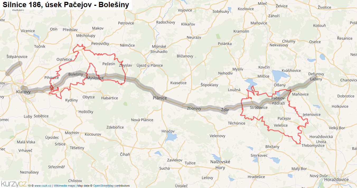 Úsek Pačejov - Bolešiny, Silnice 186 - Mapa