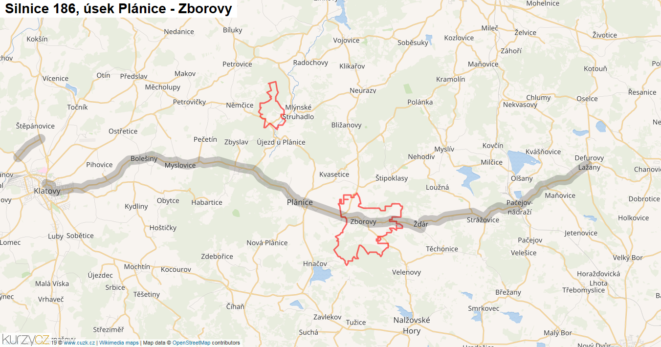 Úsek Plánice - Zborovy, Silnice 186 - Mapa