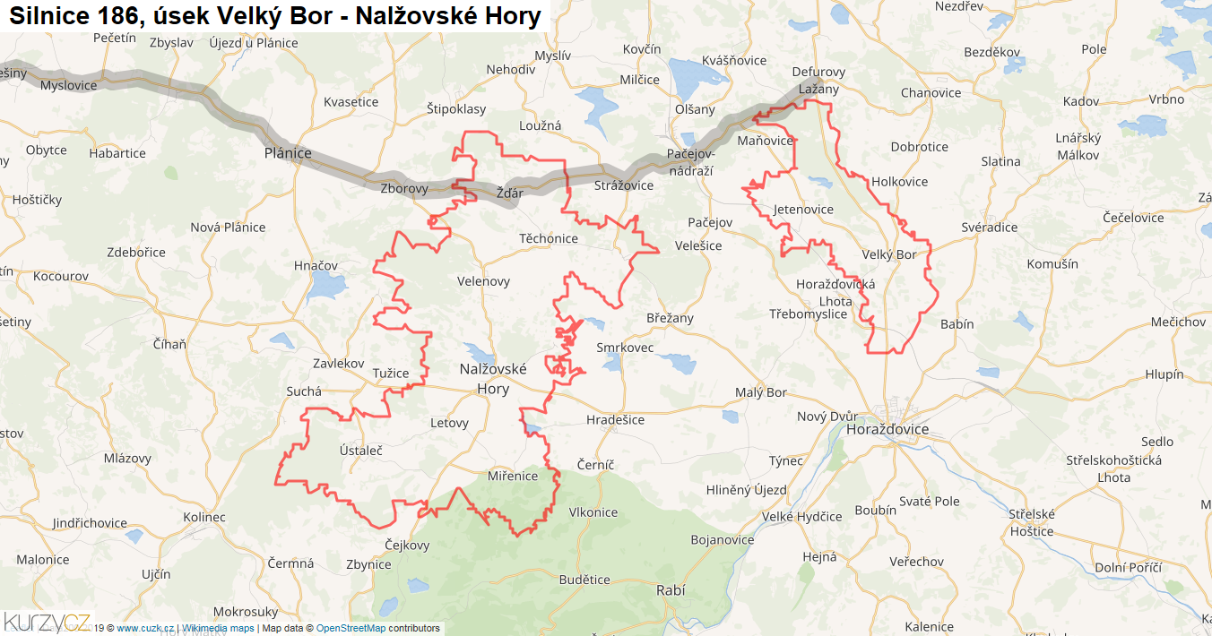 Úsek Velký Bor - Nalžovské Hory, Silnice 186 - Mapa