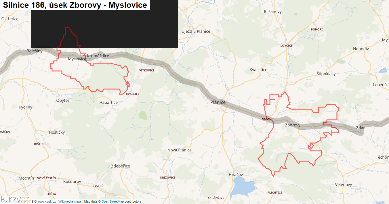 Úsek Zborovy - Myslovice, Silnice 186 - Mapa