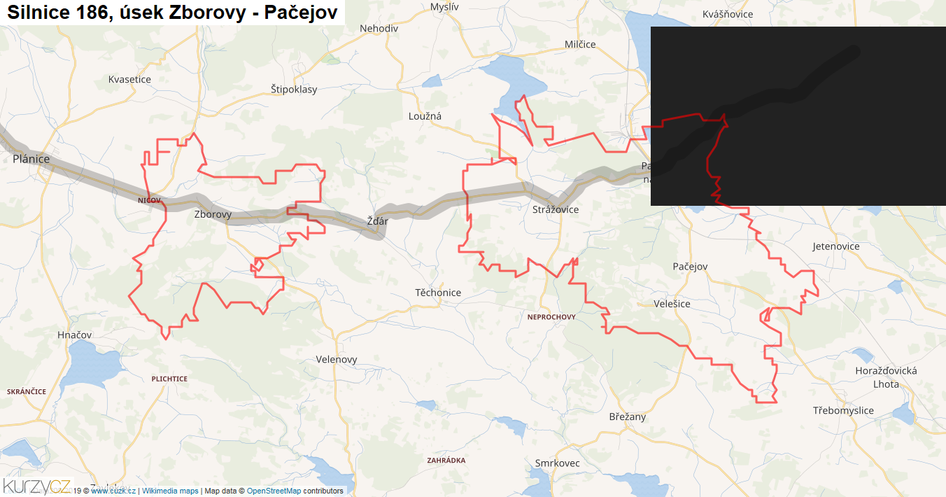 Úsek Zborovy - Pačejov, Silnice 186 - Mapa