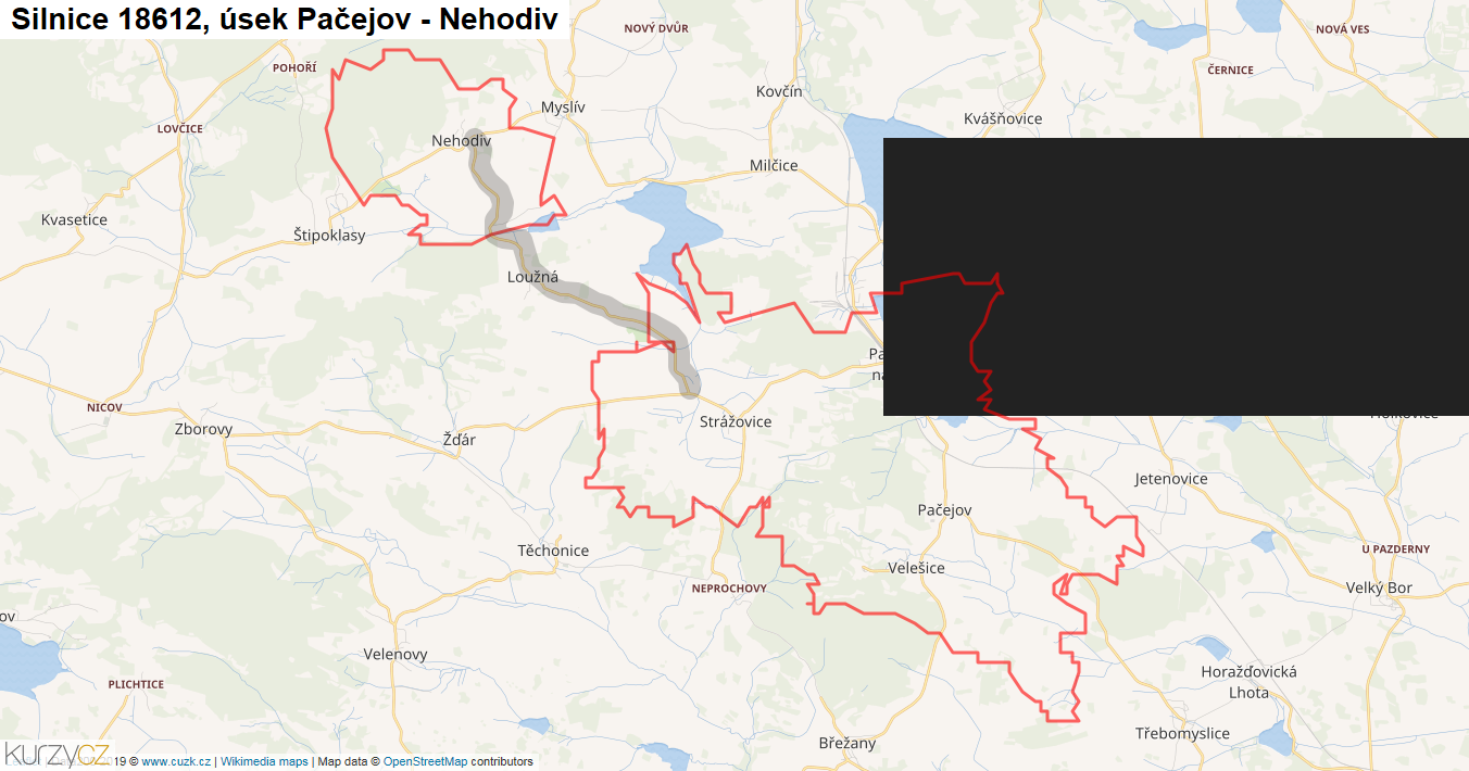 Úsek Pačejov - Nehodiv, Silnice 18612 - Mapa
