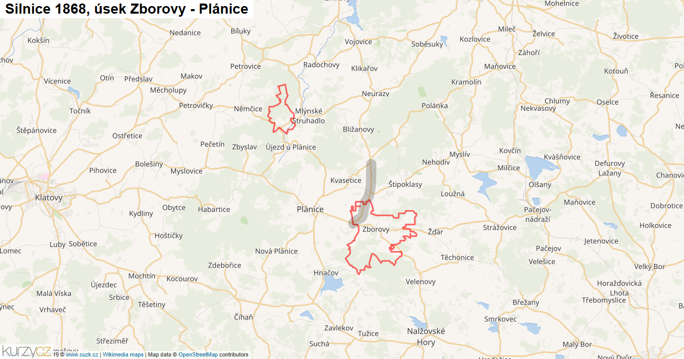Úsek Zborovy - Plánice, Silnice 1868 - Mapa