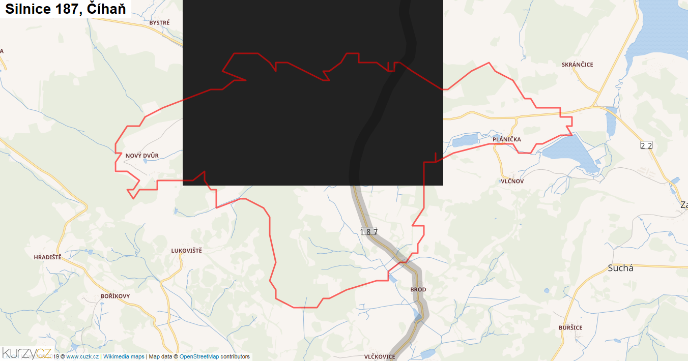 Číhaň, Silnice 187 - Mapa