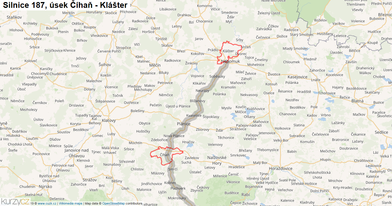 Úsek Číhaň - Klášter, Silnice 187 - Mapa