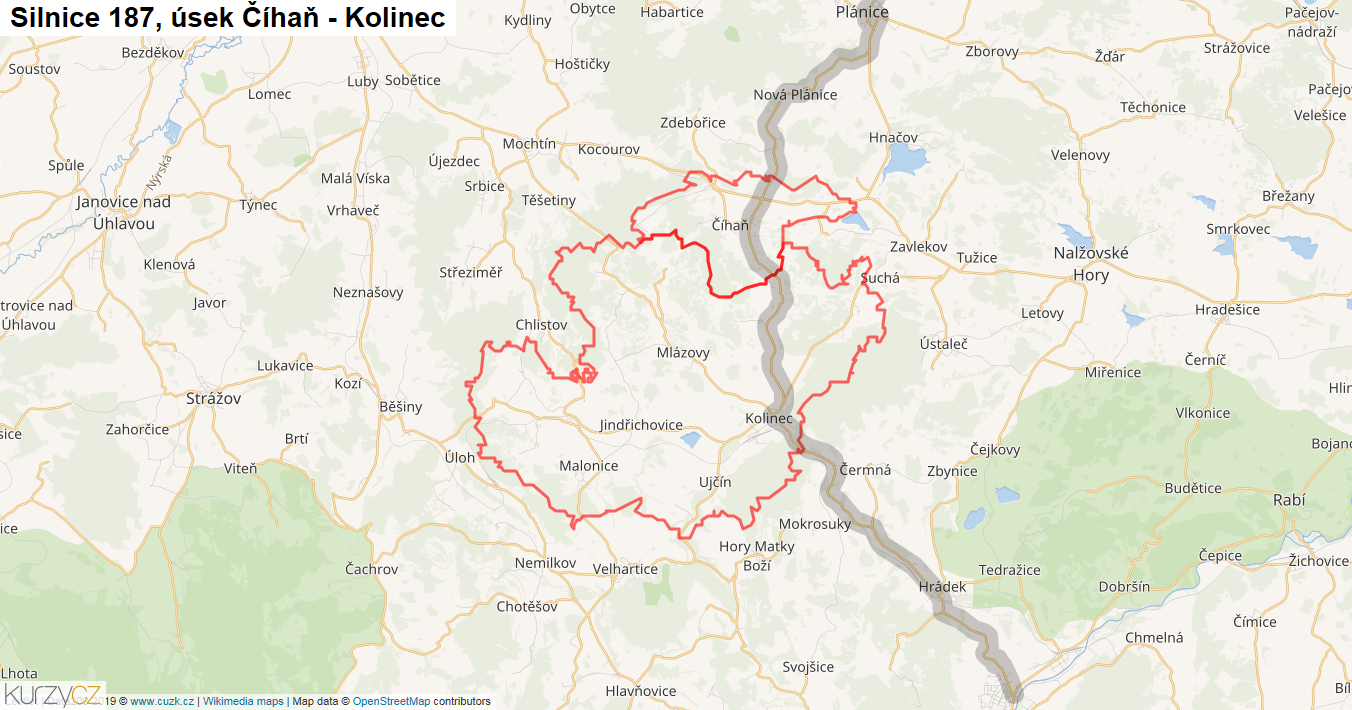 Úsek Číhaň - Kolinec, Silnice 187 - Mapa