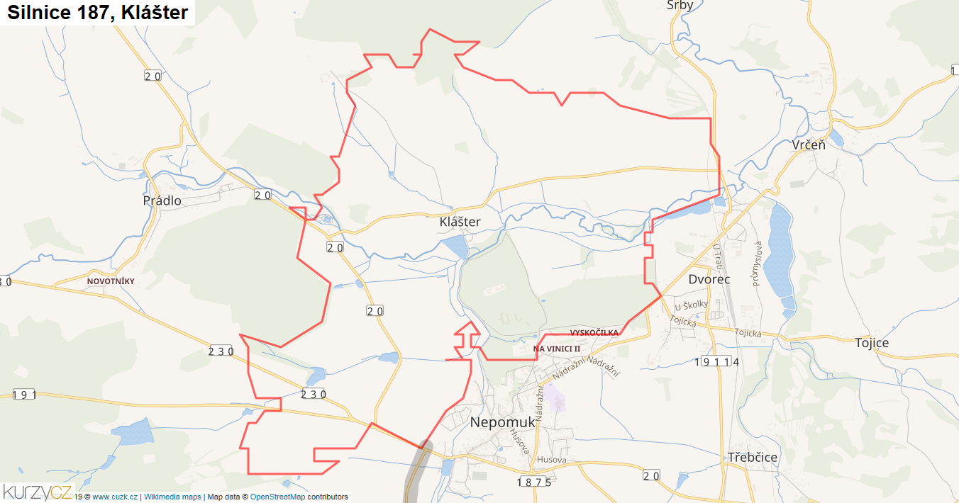 Klášter, Silnice 187 - Mapa