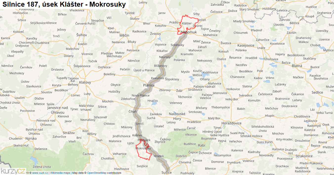 Úsek Klášter - Mokrosuky, Silnice 187 - Mapa
