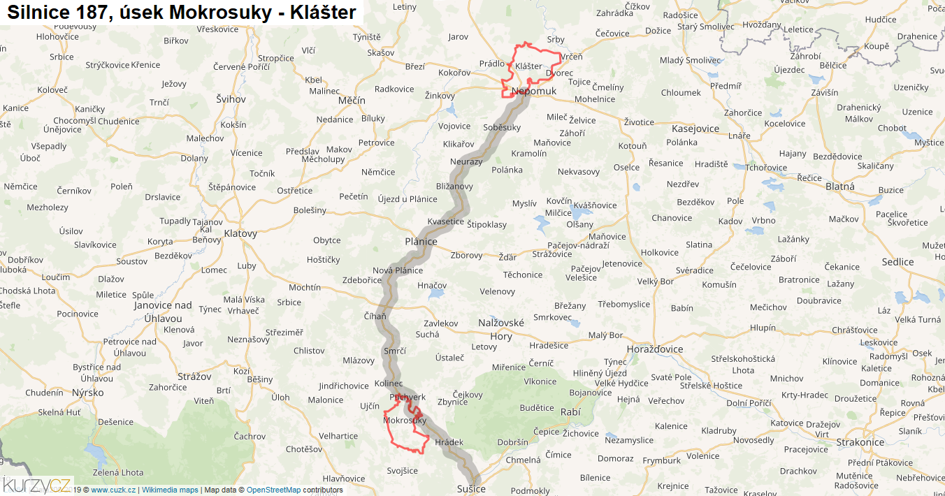 Úsek Mokrosuky - Klášter, Silnice 187 - Mapa