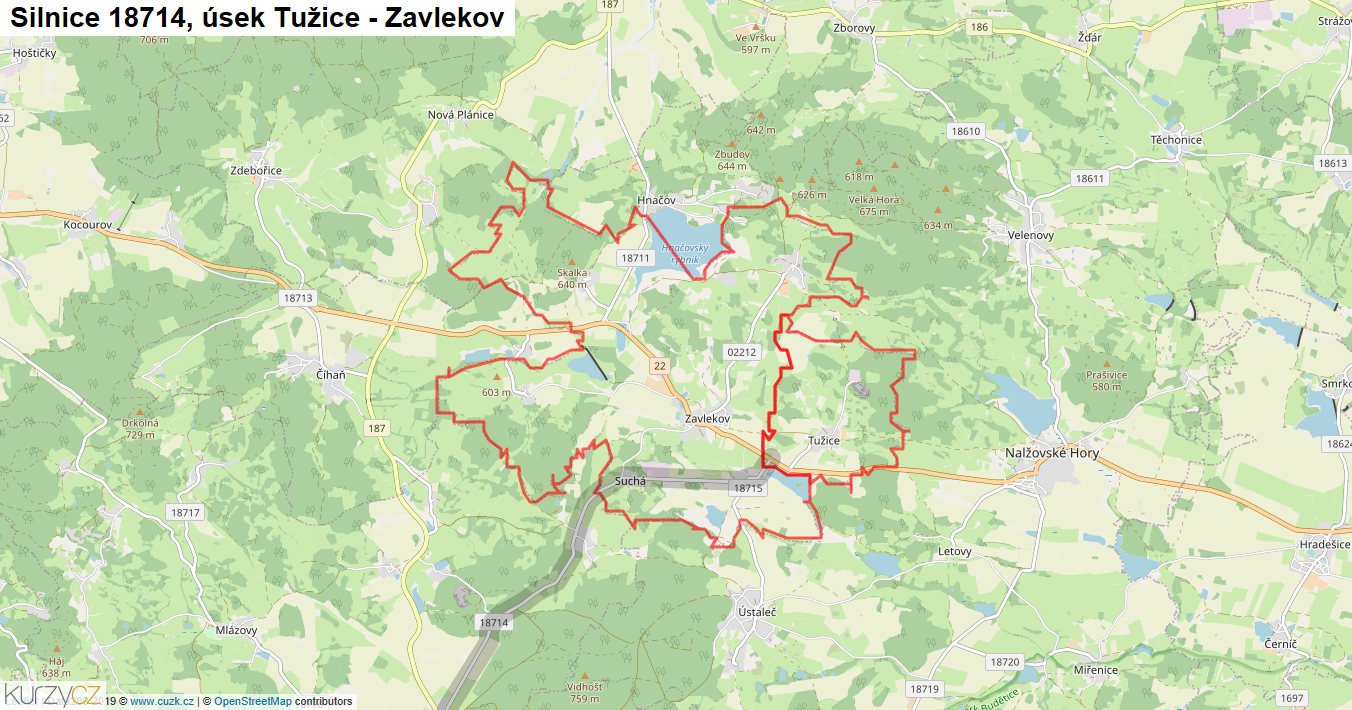 Úsek Tužice - Zavlekov, Silnice 18714 - Mapa