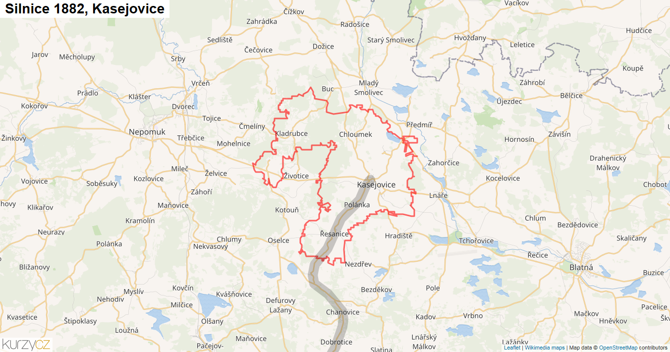 Kasejovice, Silnice 1882 - Mapa