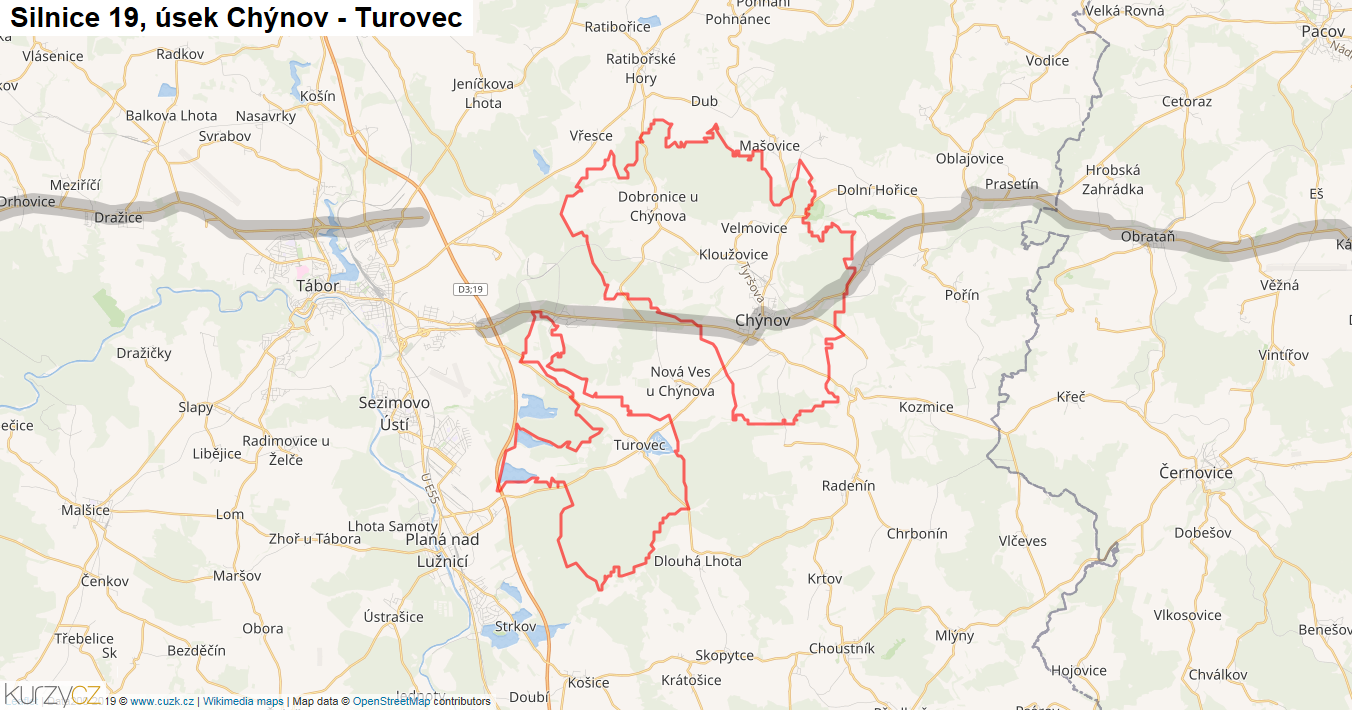 Úsek Chýnov - Turovec, Silnice 19 - Mapa