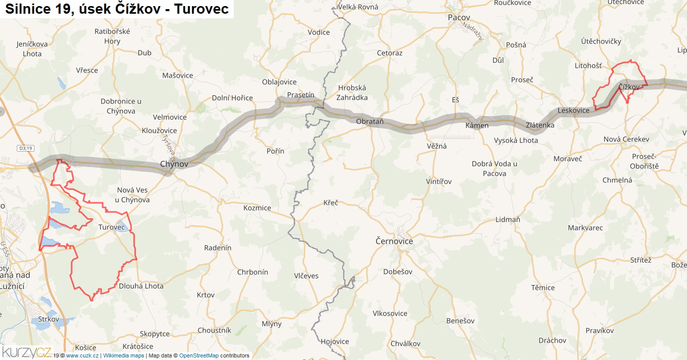 Úsek Čížkov - Turovec, Silnice 19 - Mapa