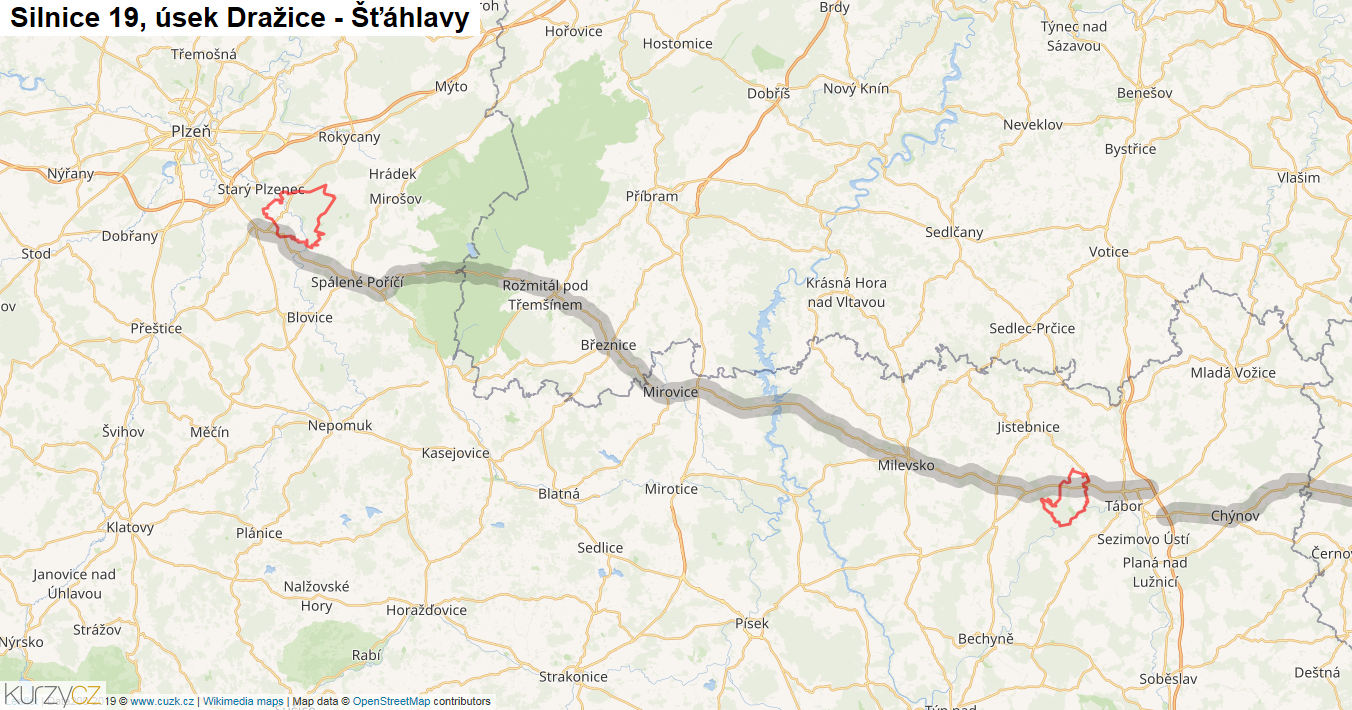 Úsek Dražice - Šťáhlavy, Silnice 19 - Mapa
