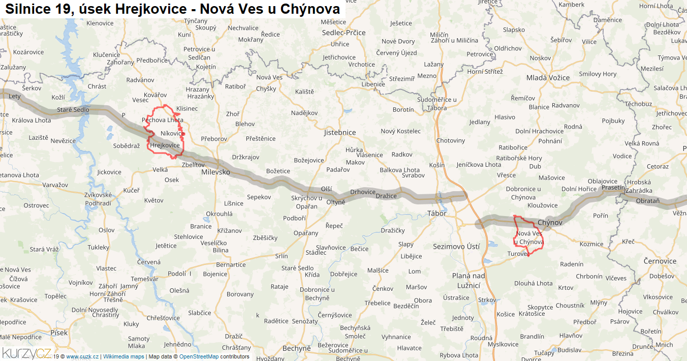 Úsek Hrejkovice - Nová Ves u Chýnova, Silnice 19 - Mapa