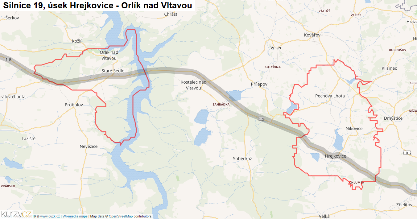 Úsek Hrejkovice - Orlík nad Vltavou, Silnice 19 - Mapa