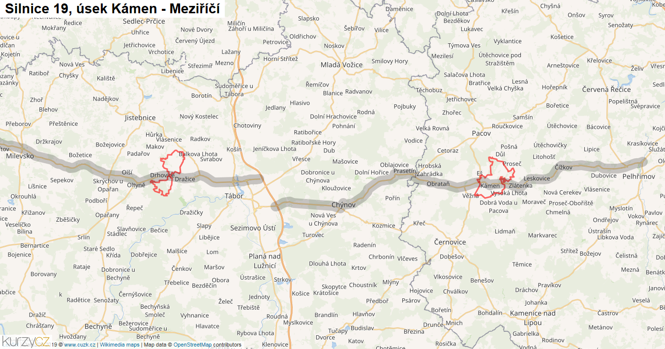 Úsek Kámen - Meziříčí, Silnice 19 - Mapa