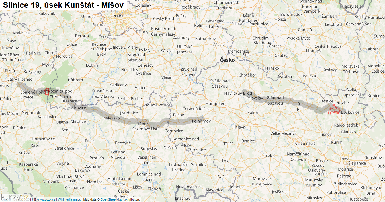 Úsek Kunštát - Míšov, Silnice 19 - Mapa