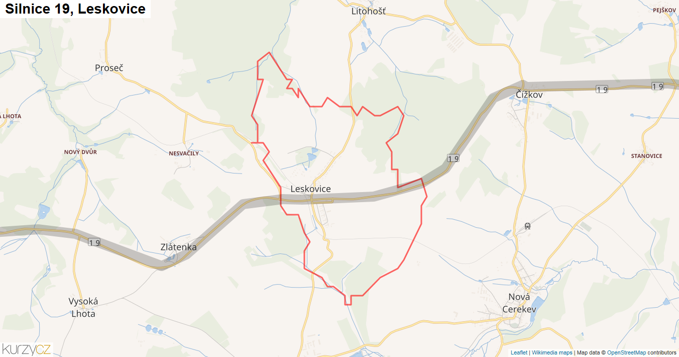 Leskovice, Silnice 19 - Mapa