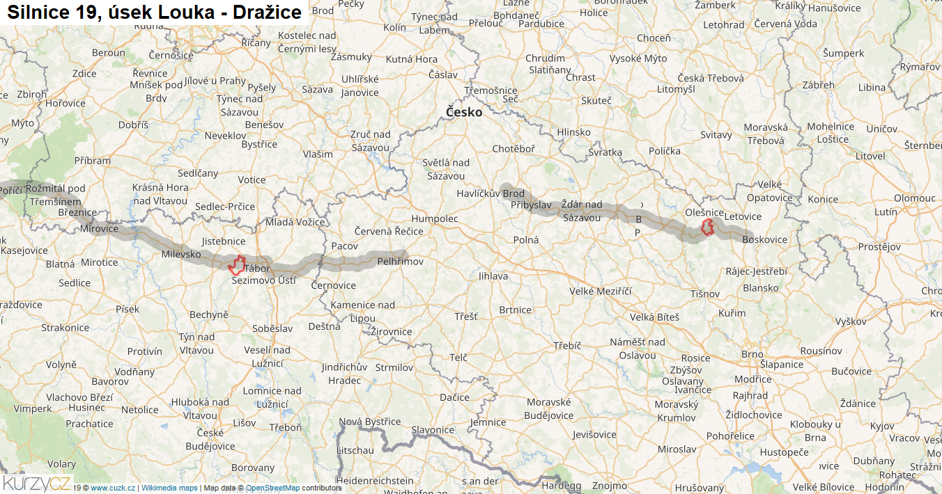 Úsek Louka - Dražice, Silnice 19 - Mapa