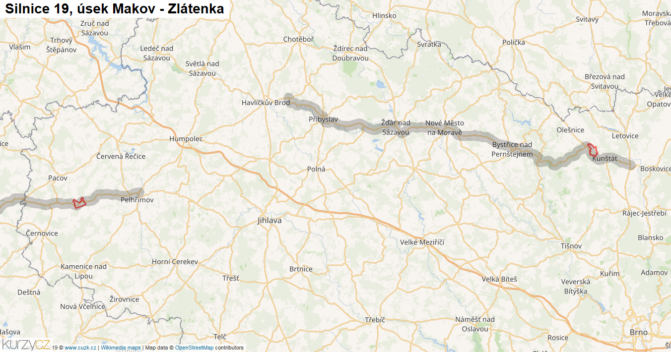 Úsek Makov - Zlátenka, Silnice 19 - Mapa