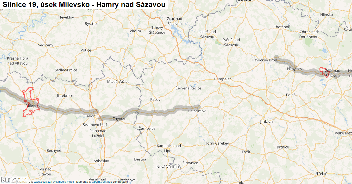 Úsek Milevsko - Hamry nad Sázavou, Silnice 19 - Mapa