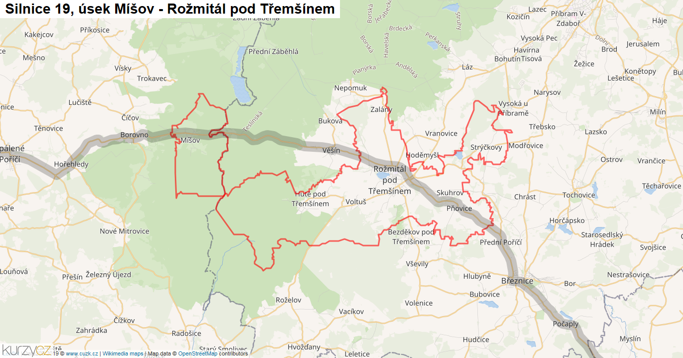 Úsek Míšov - Rožmitál pod Třemšínem, Silnice 19 - Mapa