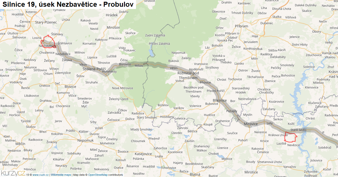Úsek Nezbavětice - Probulov, Silnice 19 - Mapa