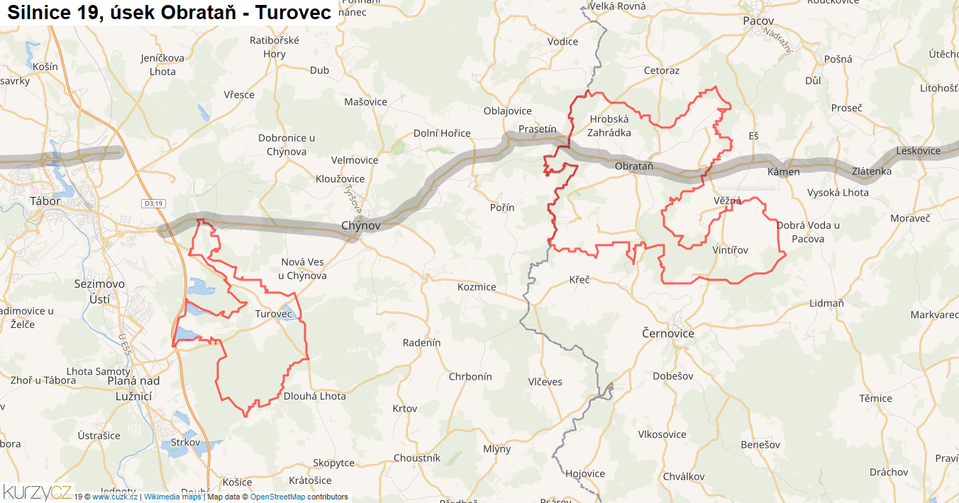 Úsek Obrataň - Turovec, Silnice 19 - Mapa