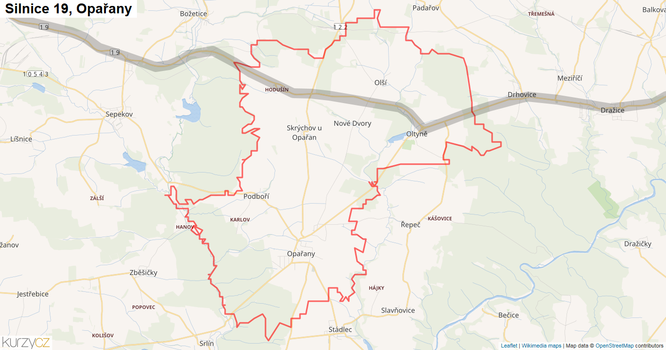Opařany, Silnice 19 - Mapa