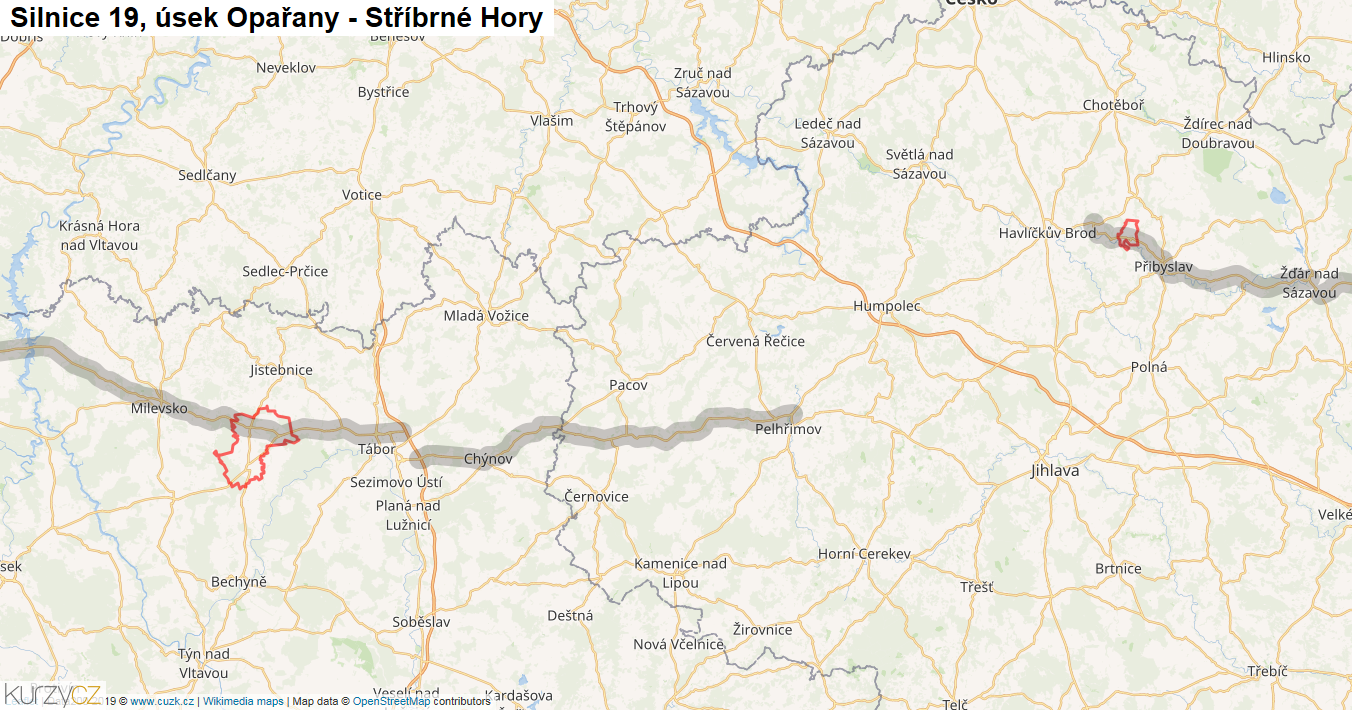 Úsek Opařany - Stříbrné Hory, Silnice 19 - Mapa