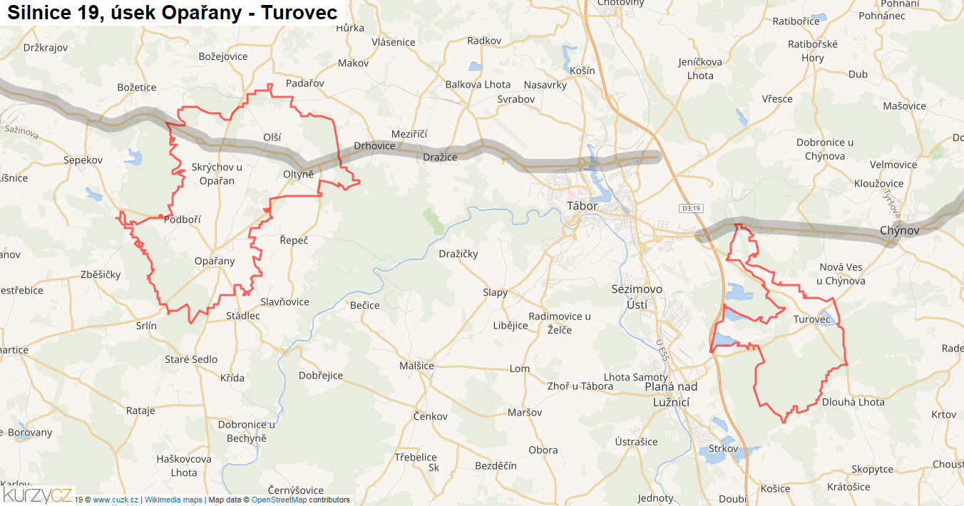 Úsek Opařany - Turovec, Silnice 19 - Mapa