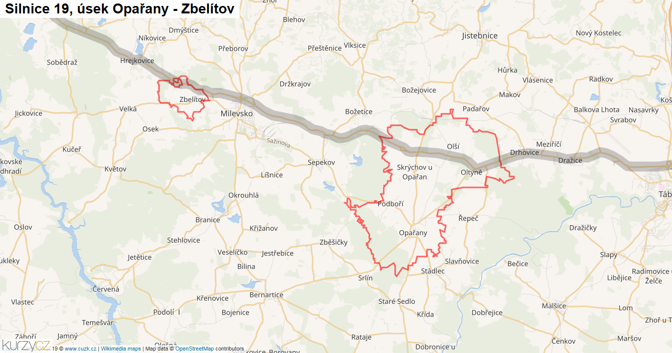 Úsek Opařany - Zbelítov, Silnice 19 - Mapa