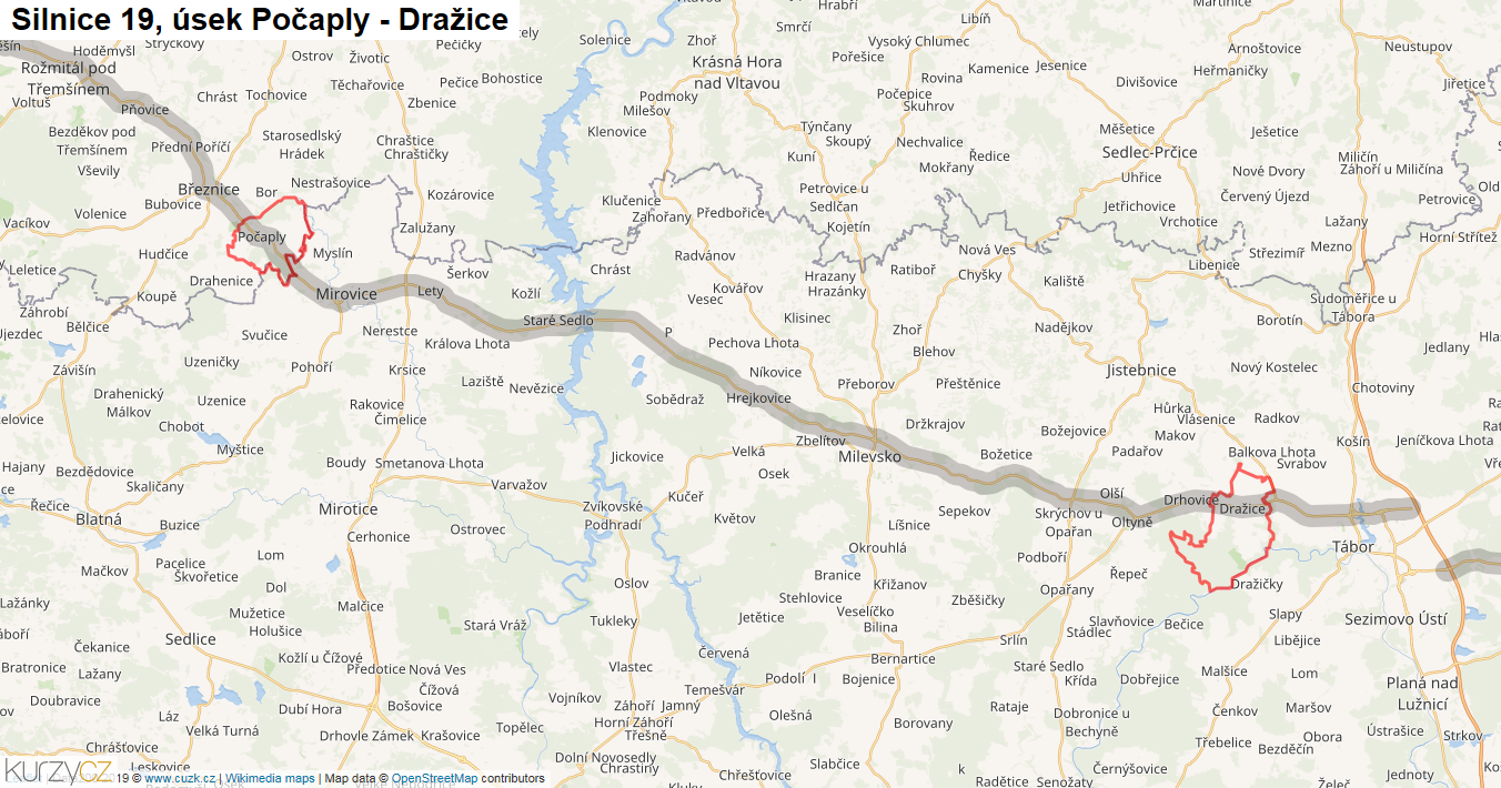 Úsek Počaply - Dražice, Silnice 19 - Mapa