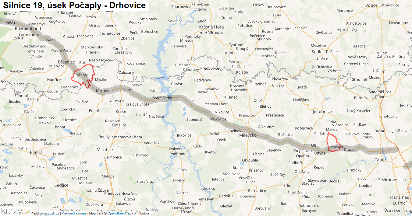 Úsek Počaply - Drhovice, Silnice 19 - Mapa