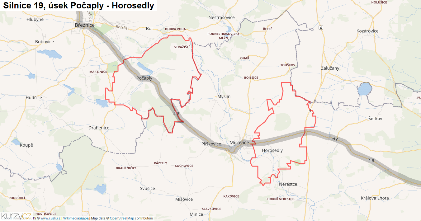 Úsek Počaply - Horosedly, Silnice 19 - Mapa