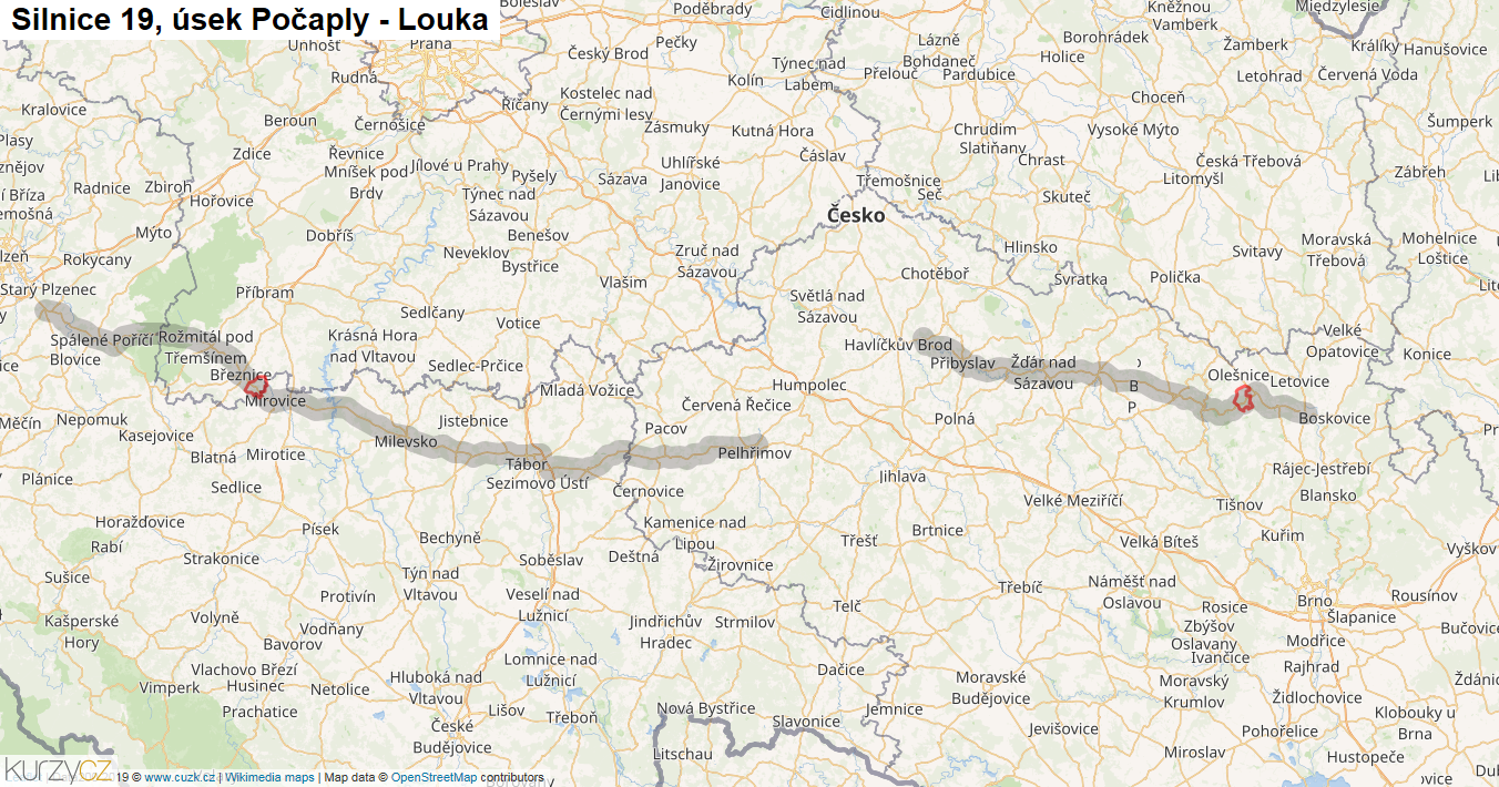 Úsek Počaply - Louka, Silnice 19 - Mapa