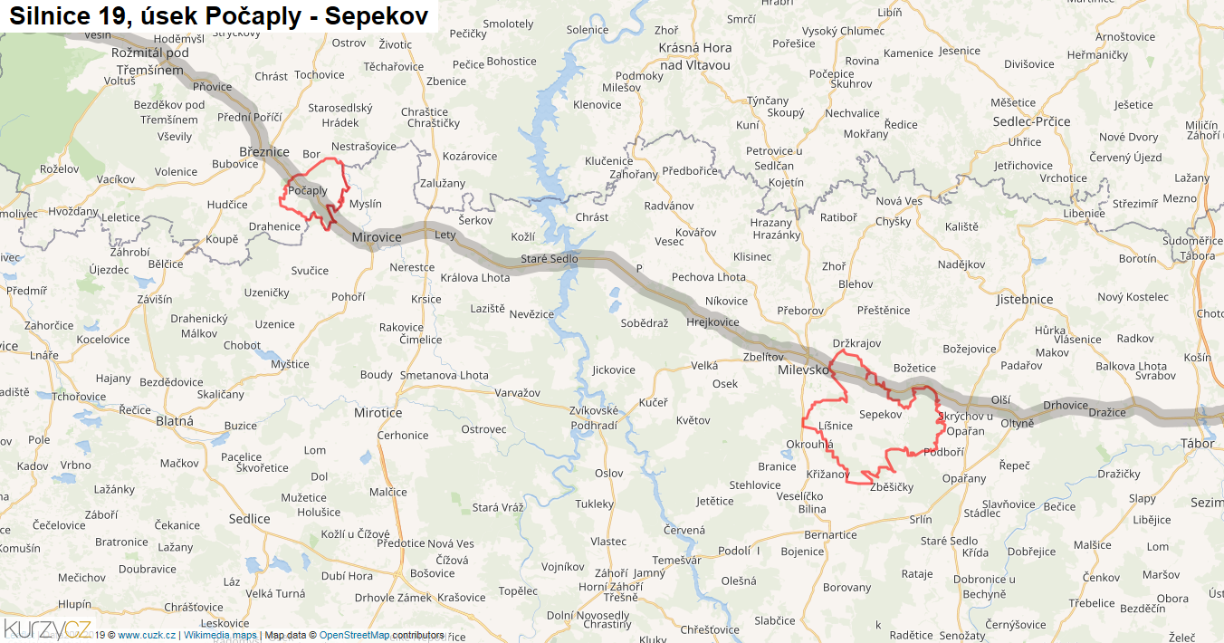 Úsek Počaply - Sepekov, Silnice 19 - Mapa