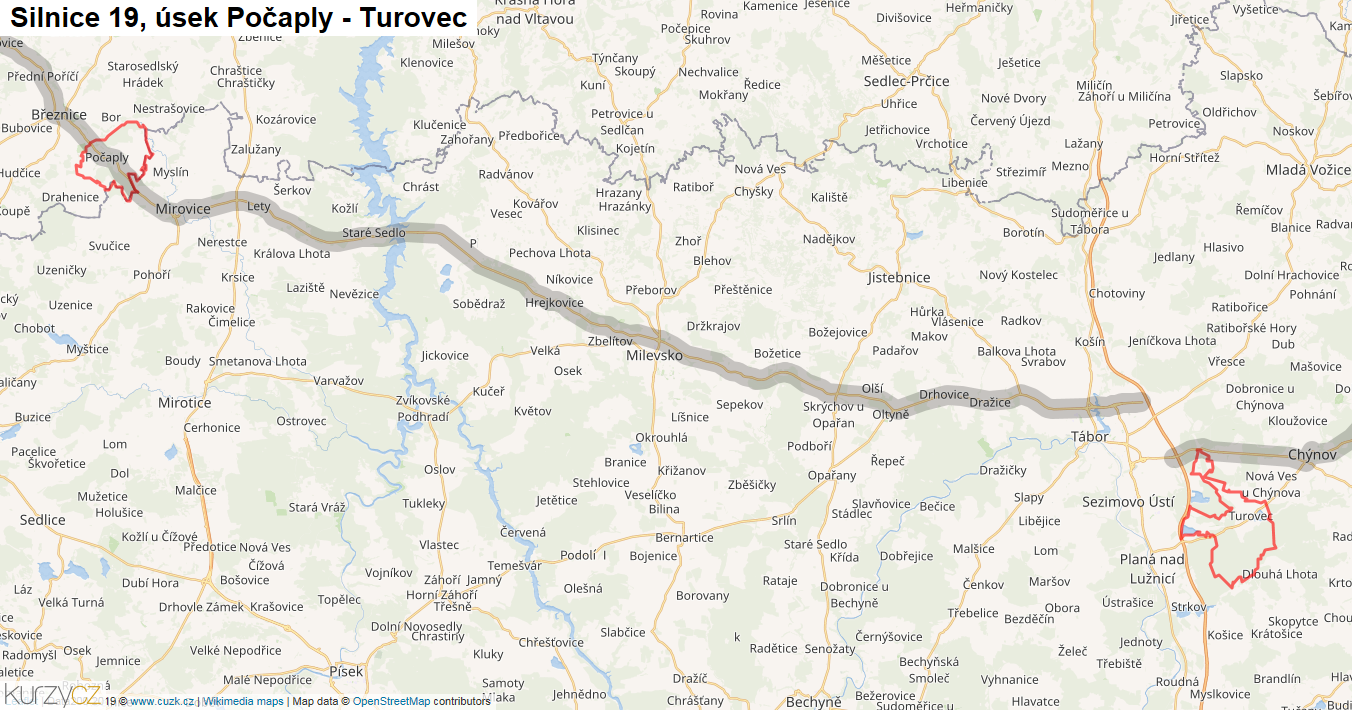Úsek Počaply - Turovec, Silnice 19 - Mapa