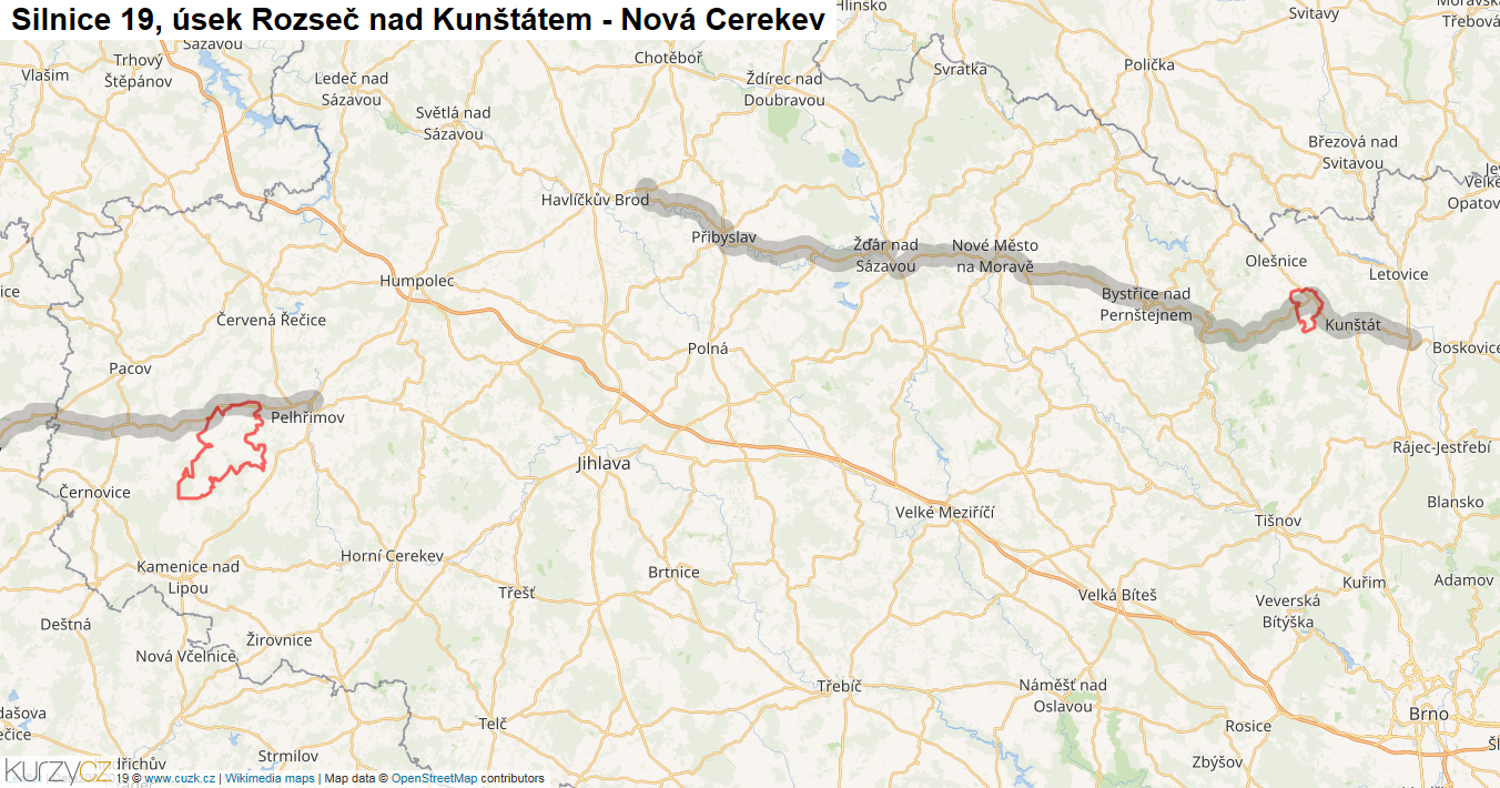 Úsek Rozseč nad Kunštátem - Nová Cerekev, Silnice 19 - Mapa
