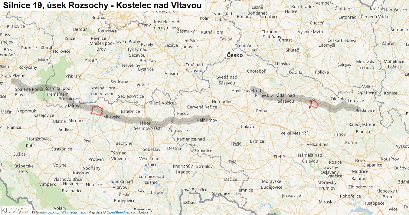Úsek Rozsochy - Kostelec nad Vltavou, Silnice 19 - Mapa