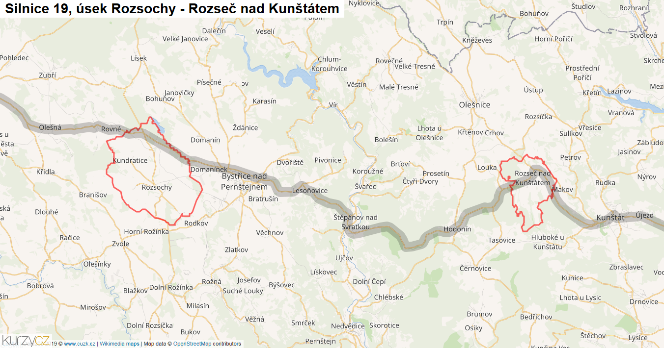Úsek Rozsochy - Rozseč nad Kunštátem, Silnice 19 - Mapa