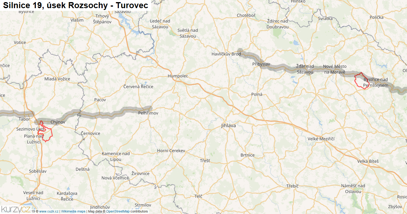 Úsek Rozsochy - Turovec, Silnice 19 - Mapa