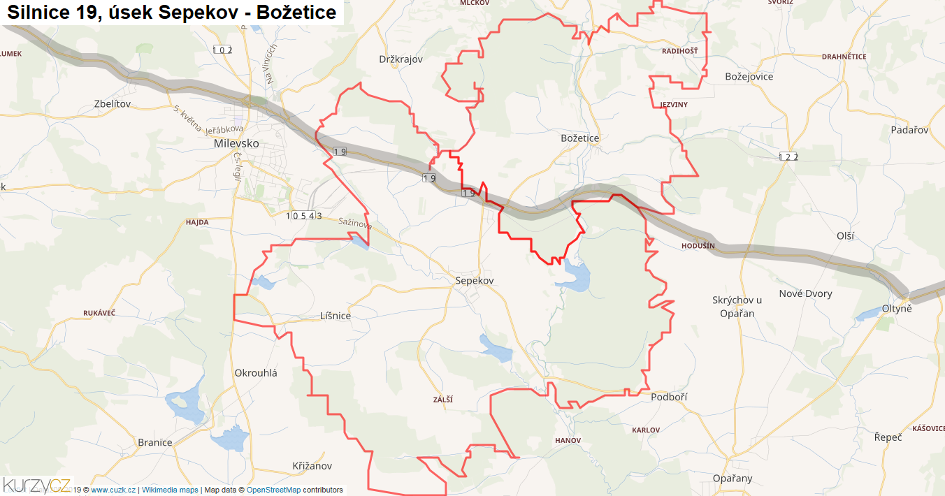 Úsek Sepekov - Božetice, Silnice 19 - Mapa