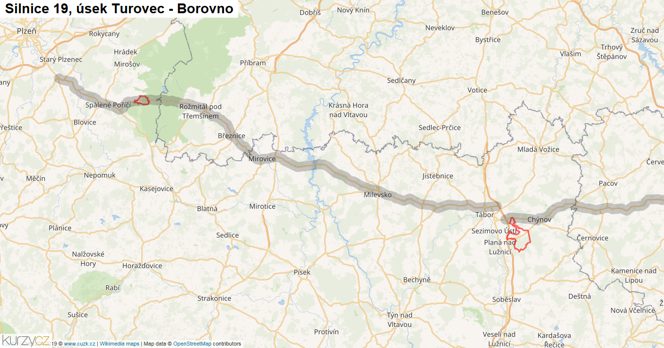 Úsek Turovec - Borovno, Silnice 19 - Mapa