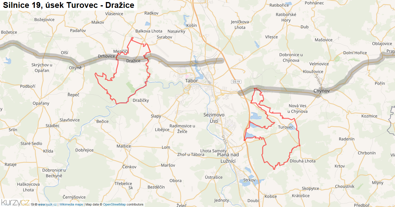 Úsek Turovec - Dražice, Silnice 19 - Mapa