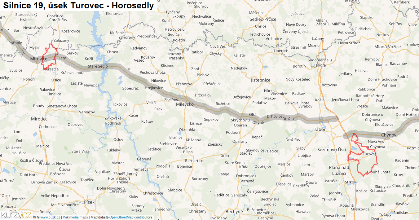 Úsek Turovec - Horosedly, Silnice 19 - Mapa